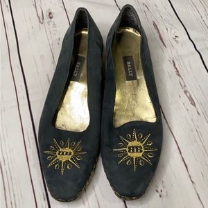 Bally Starry Suede Wedge Heel Black Gold Embroider